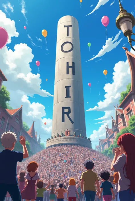 Everybody celebrating the opening of the statue "Tohir" in the text form in anime world. Statue is text "Tohir