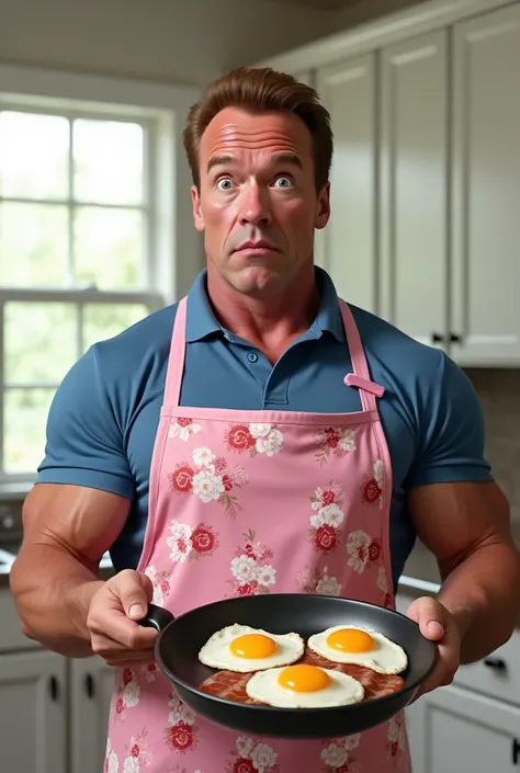 Create a highly detailed and hyper-realistic image of Arnold Schwarzenegger with exaggerated wide eyes and a surprised expression, standing in a bright, modern kitchen. He is wearing a pink floral apron over a blue polo shirt. Arnold is cooking breakfast, ...