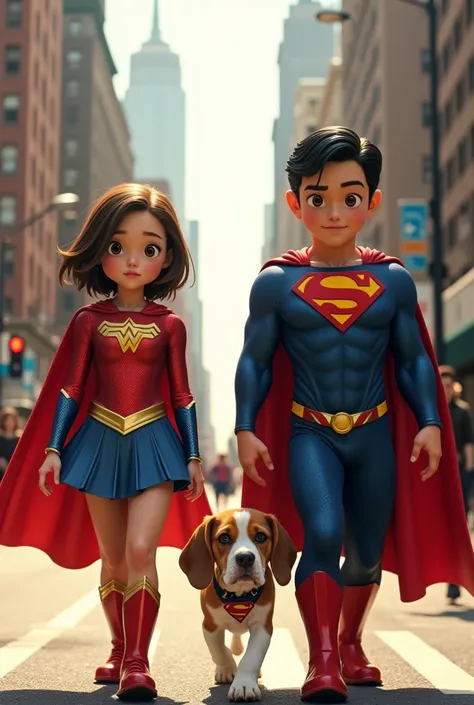 A girl like in a movie scene with short straight brown hair dressed as superwoman. Next to him, a boy with short dark hair dressed as Superman, the two of them walking down a street in New York, and in the middle of them a realistic beagle wearing a collar...