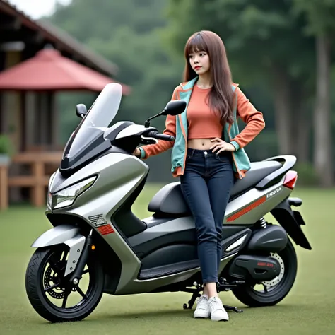 hyper realistic automotive photography ((attractive 3-quarter low angle)) (((ultra detailed object))) a pretty stylish teenage japan girl ((Detailed face)) with stylish Turquoise jacket & blue jeans posing with sleek new design Scooter Matic Bike Honda Bea...