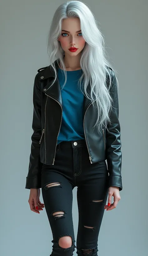 (photorealism:1.2), a beautiful teenager girl, she has silver white long hair, blue eyes red lips and pale skin, she was wearing a black leather jacket and blue t-shirt underneath, shes also wearing black ripped jeans and black leather boots 