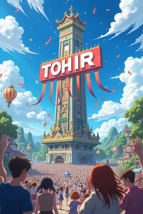 Everybody celebrating the opening of the statue "Tohir" in the text form in anime world. Statue is text "Tohir", the statue text is horizontal