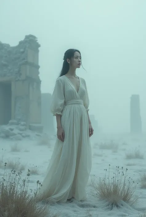 Woman with Asian features standing on frosty ground and frozen grass wrapped in a thick fog that seemed to devour everything looking ahead confused, with ruins around, dressed in a white low-cut tunic in the wind