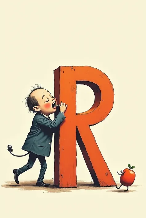 Little man eating a letter R
