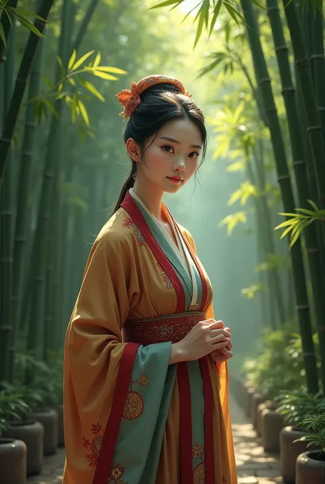 Middle-aged housekeeper,Wearing ancient Chinese clothing,Calm appearance,standing in the bamboo forest