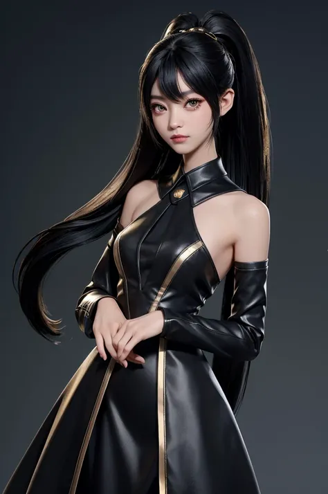 a japanese woman, (college age), long straight twin tail, black hair, (gold color eyes), black gothic dress, serene, Realism, UHD, masterpiece, accurate, textured skin, anatomically correct, super detail, high quality, highres, best quality, 16k,