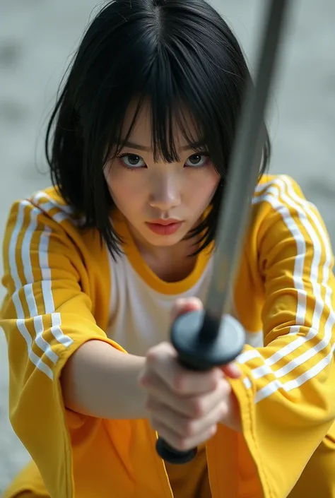 masterpiece、Highest quality、Super Rendering、Ultra-realistic、Beautiful Japanese Women、High definition face、Clean and delicate face、Upper Body、Crouching down and holding a Japanese sword with both hands、anatomically correct sword grip、Black hair bob cut、Wear...