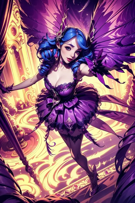 gwen at the masquerade wearing a masquerade mask with feathers and beautiful red and purple dress dynamic spinning pose high up camera angle party night time big dress cute pose big scissors