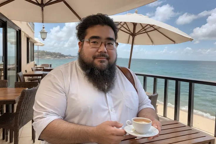 (Yossan), male. solo. beard, Glasses, obesity, Cafe terrace overlooking the sea, Blue sky and sea, White parasol, Curtains swaying in the wind, Glass teacups, A refreshing breeze in the afternoon