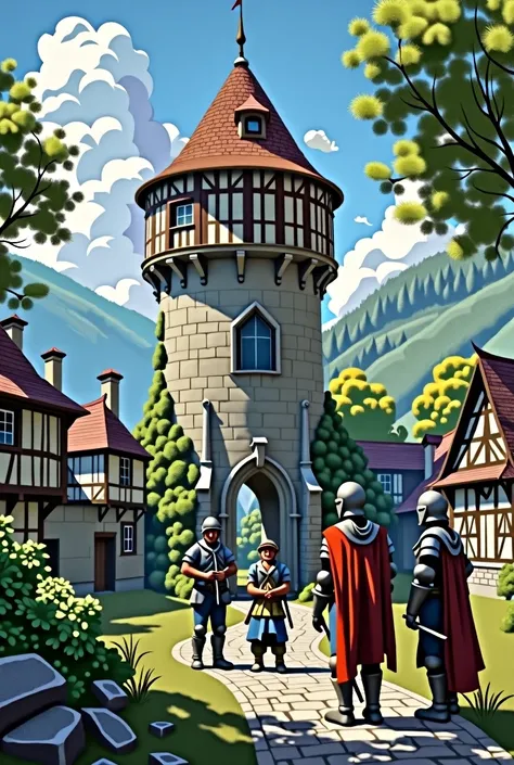 Watchtower with gate in a valley with old half-timbered houses in the Middle Ages, three guards with helmet and armour and shield and sword stand bored in front of it