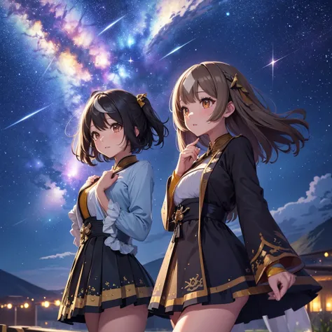 High resolution, masterpiece, Highest quality, Ultra high definition, Illustration, Artistic, Super detailed, Super detailedな, move,Kitasan Black,Satono Diamond,Romanticism, Night Sky,shooting star,look up,Two Girls, Reduce the ratio of girls,Increase the ...