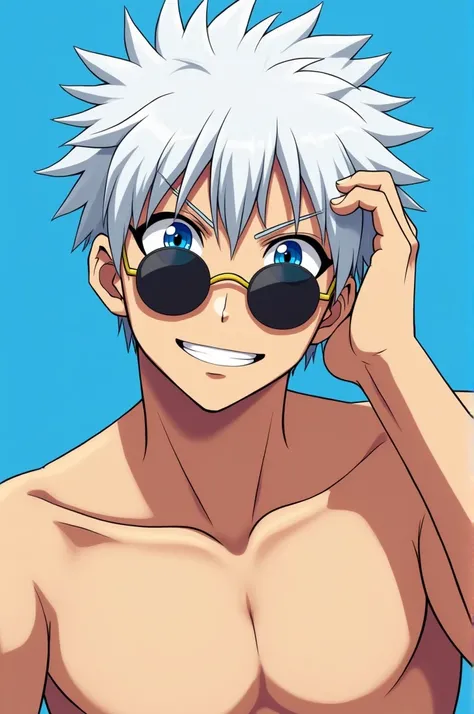 ((best quality)), ((masterpiece)), (detailed), Anime art of a shirtless man with white hair and striking blue eyes, wearing round sunglasses slightly lowered. He leans slightly forward with his head tilted, displaying a confident smile. Hw keeps his hand o...