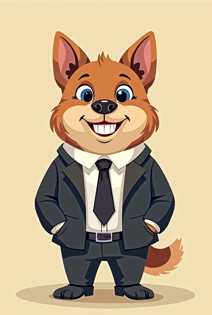 Cartoon dog in a suit, front view, no background, simple color image.