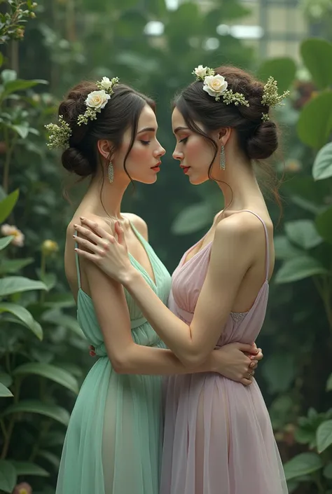 An Award-Winning Masterpiece in High Quality, HD, HDR, (photo realistic) Fine Art Photo Magazine in the Style of Intriguing Fine Art: Dark Pastel Garden Party: Create a serene and sensual elegant look with pastel-see through colored dresses in shades like ...