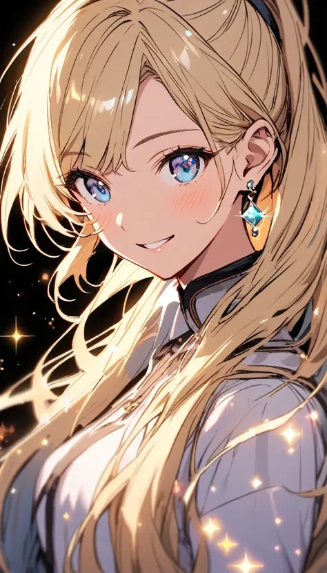 Long Hair, Blonde, Simple Background, ponytail, Earrings, Smile sparkle effect, 