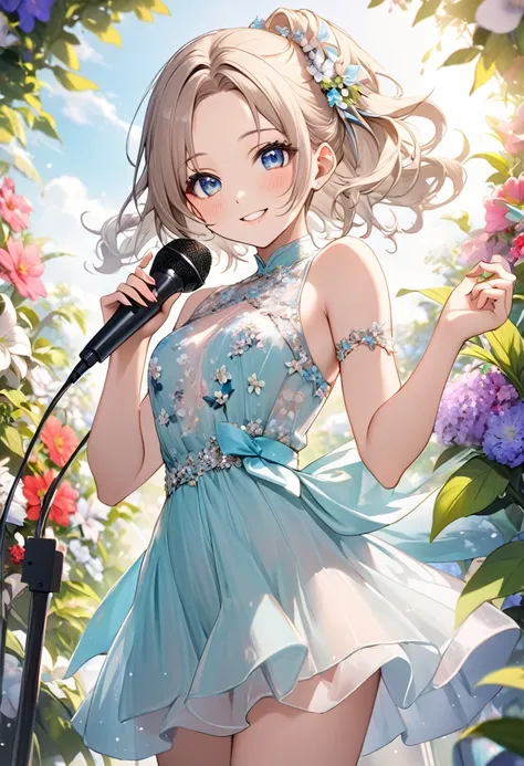 8k,high res,Skin details, Beautiful facial features, Exquisite makeup, Exquisite eyes,1 person,20 year old female idol,A hairstyle with parted bangs that exposes the forehead,Happy smile,Flower Garden,Singing on a stand microphone,looking at the camera,Chi...