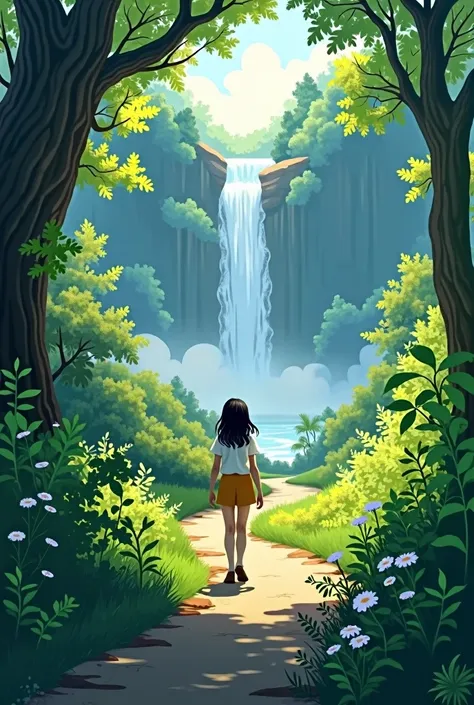 A tennage girl walking on a path with both sides full of trees and bushes and a beautiful waterfall on long distance
