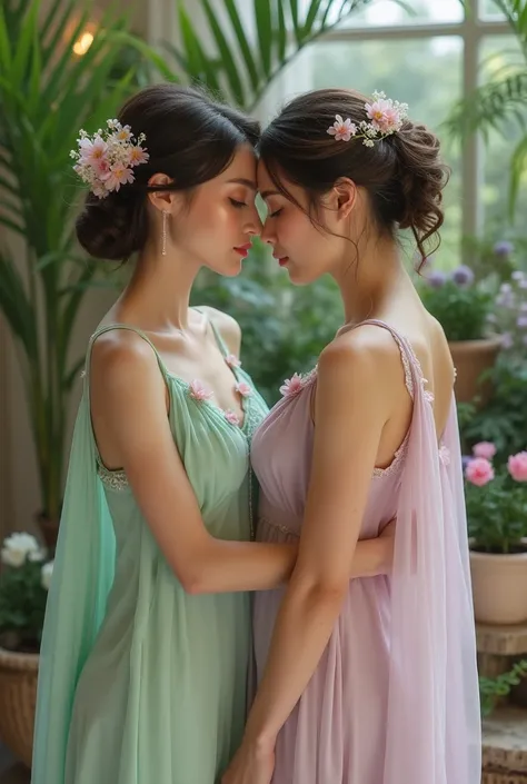 An Award-Winning Masterpiece in High Quality, HD, HDR, (photo realistic) Fine Art Photo Magazine in the Style of Intriguing Fine Art: Dark Pastel Garden Party: Create a serene and sensual elegant look with pastel-see through colored dresses in shades like ...