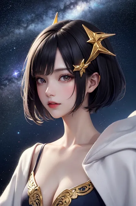 masterpiece，Highest quality，8k，Detailed skin texture，Detailed cloth texture，Beautifully detailed face，Intricate details，Ultra-detailed，Portrait of Rei Ayanami，真っBlack Hair，Red colored eyes，Pixie Cut，Light blue night sky background,Small breasts,Purple and ...