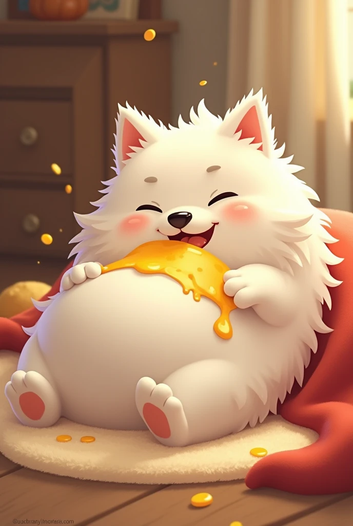 A white fluffy Spitz ate a lot of cheese and is lying down to rest