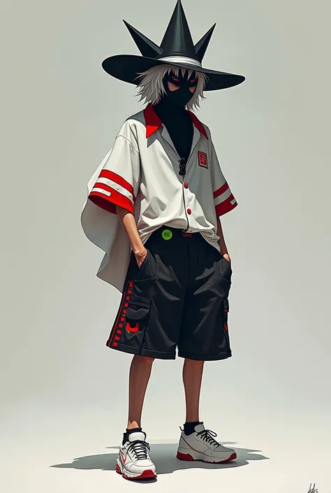 A black hat with 4 points, a black mask, a white shirt with red on the sides, black shorts with a green dot and transparent underneath, and white sneakers with red and a male character with white hair.