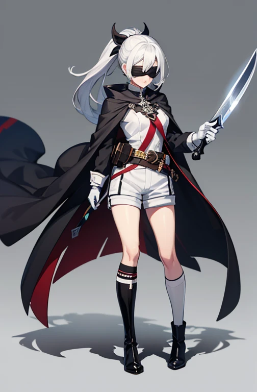 masterpiece,Highest quality,High resolution,One Girl,ultra-isetaileis,bbsajuna,black heaiswear,黒いLong sleeve,White clothes,Grey Hair,ponytail,Hair between the eyes,bangs,Black Cape,isress,(black isress:1.4),Long sleeve,(White gloves:1.1),(White shorts:1.4)...