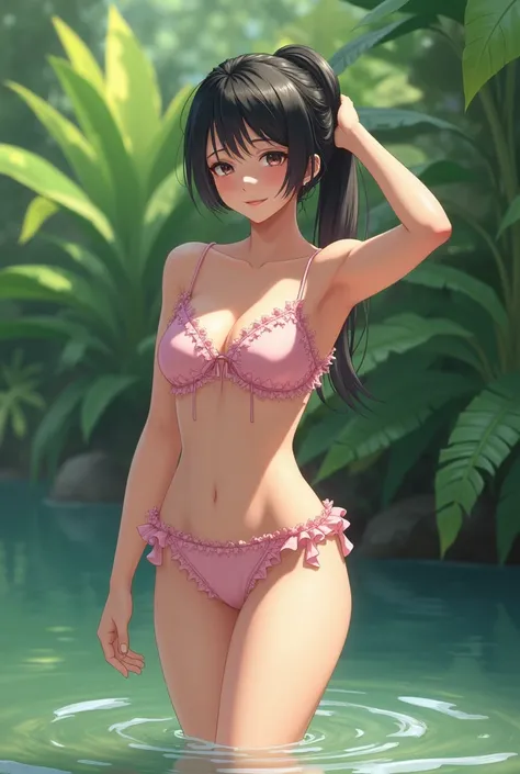 She is wearing a pale pink bikini with frilly trim., She is standing in shallow water surrounded by lush foliage.. her black hair is tied in a ponytail, She is in a relaxed pose with her arms slightly raised. Outdoor natural environment featuring lush foli...