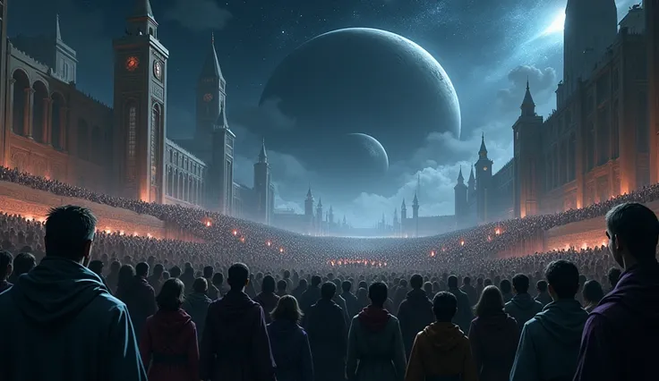 illustration, crowd of people, kingdom, low angle, high angle, extreme long angle, dark galaxy, dark planets, dark space