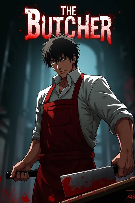 Create an anime movie poster for The Butcher featuring a menacing butcher with a blood-stained apron and a large cleaver. The background should be dark and foreboding, with hints of a grim, industrial setting. The butcher’s intense gaze and the ominous atm...