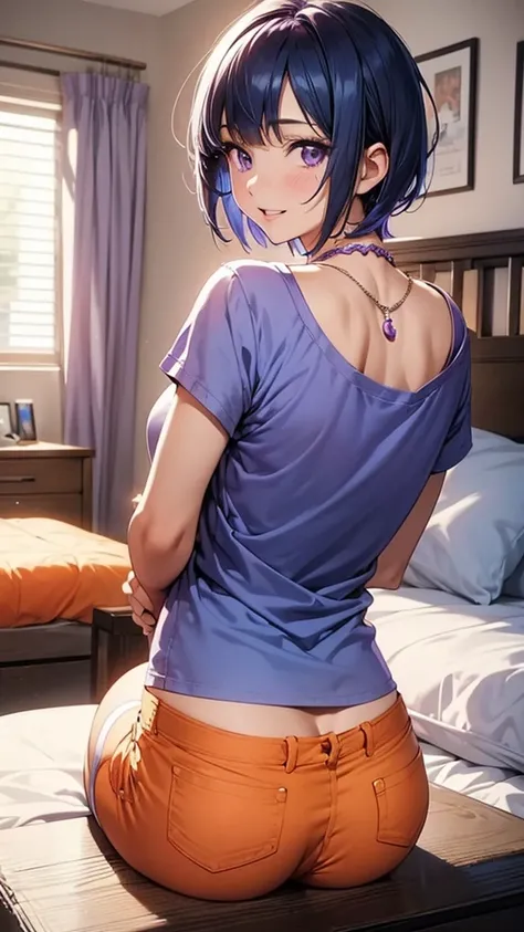 1girl, solo, bangs, blue hair, necklace, parted lips, purple eyes, short hair, smile, solo, orange anime t-shirt,  orange denim booty short, thigh high socks, bedroom background, back turned,  looking over her shoulder 