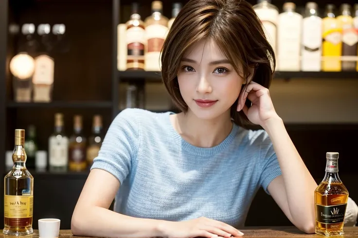 8k,Brown short hair,The best smile、Japanese actress,Super Beauty(Like the real thing),Short sleeve dress,Whiskey bottles、The Macallan、Johnnie Walker、、Old Parr、whiskey、Suntory、Nikka、Slim Couple、Model Couple、(Realistic, Intricate details:1.2), full-course di...