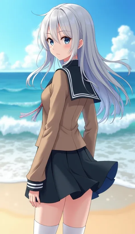 ((masterpiece)), ((Highest quality)), ((High resolution)), ((Highly detailed CG Unity 8k wallpaper)), alone, Tachibana Sonata, Brown uniform, Black Skirt, White socks, Outdoor, face, curtained hair, Beach, Parted hair, Silver Hair