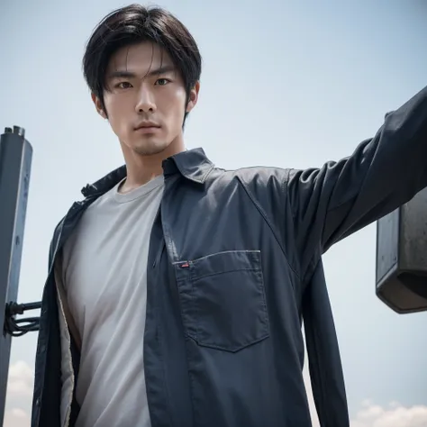 A realistic half-body portrait of a Japanese man in a mechanics uniform, standing confidently with his arms crossed. The shot is taken from a low angle, slightly upward, emphasizing his strong and commanding presence. The background is plain white, ensurin...