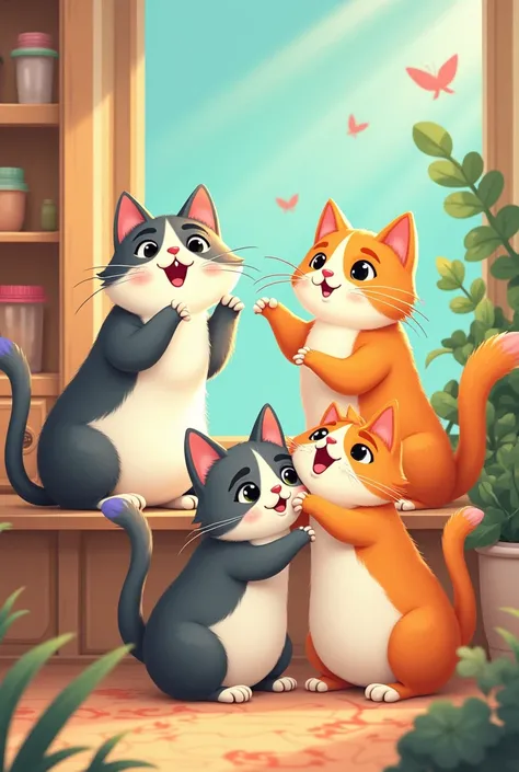 Four cats in cartoon style 