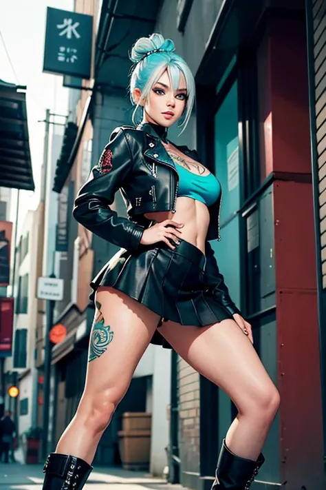 1girl, hottie, leather jacket, skirt, boots, tattoos, large breasts, fit body, perfect ass, turquoise eyes, platinum hair bun, seductive smile, alley, standing up, from below, high dynamic range