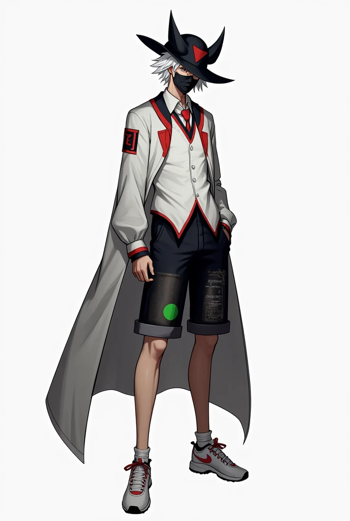 A black hat with points, a black mask only on the mouth, a white shirt with red on the sides, black shorts with a green dot and transparent underneath, and a white tennis shoe with red and a male character with white hair, an academic shirt. 