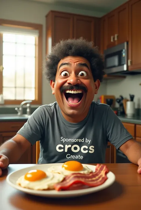 Create a realistic image of Neil deGrasse Tyson depicted as a short-heighted adult with a large, expressive face. He is sitting at a kitchen table, looking excited with wide eyes and a big smile. He is wearing a T-shirt that says Sponsored by Crocs with hi...