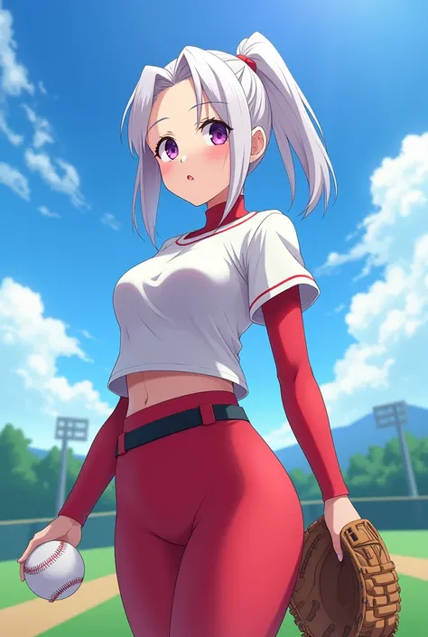 HD、Animation style、white hair 、Purple Eyes、girl、High school student 、Medium long single ponytail、Baseball player、Light color short sleeve top、Long sleeve red underwear、plump breasts、Good shape、Thin、black belt、Sky、cloud、sunny、Baseball field、baseball glove、H...