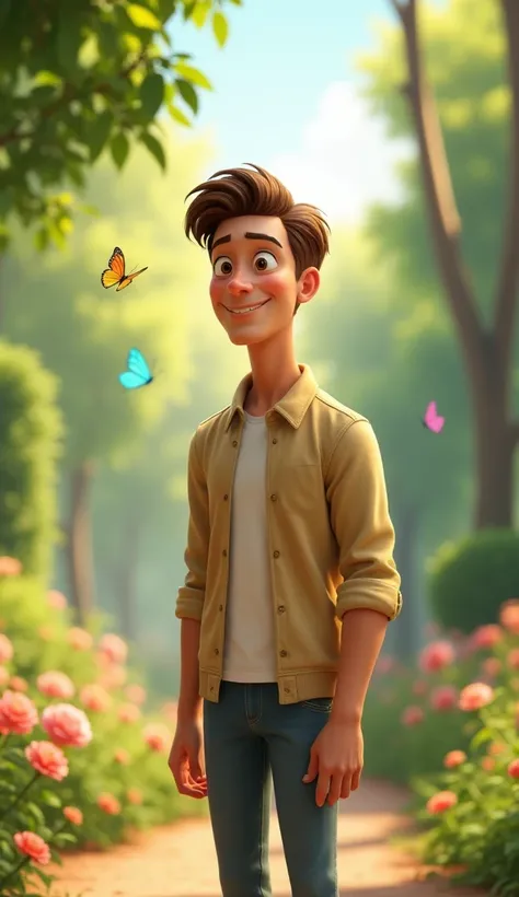 Disney Pixar Style:1.2) (Cute Man:(Adult Age 40:1.15) Brown Hair, Standing in Park