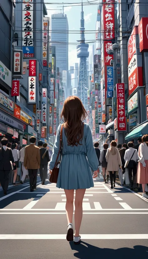 Cute Girl overwhelmed by the big city of Tokyo. Living, living, walking, high quality, super-detailed.
