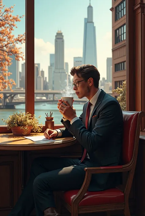 businessman with coffee at coffee shop near window glass ,cityscape background