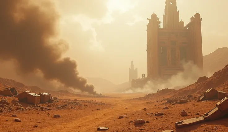 Masterpiece, 16k, UHD, Detailed, Realistic, Ultra-realistic. Scene in an open field on a desert planet. The ground is covered in ash and debris, buildings have collapsed and destruction lies in the background. The camera is low, capturing the details of th...