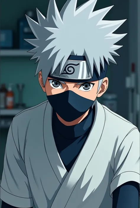 a detailed portrait of Kakashi Hatake from the Naruto anime series, wearing a white doctors robe, wearing a mask, beautiful detailed eyes, beautiful detailed lips, extremely detailed face and expression, spiky grey hair, serious expression, medical tools a...