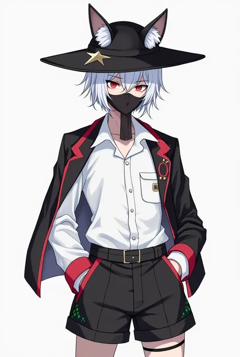 A black hat with points, a black mask only on the mouth, a white shirt with red on the sides, black shorts with a green dot and transparent underneath, and a white tennis shoe with red and a male character with white hair, an academic shirt only showing th...