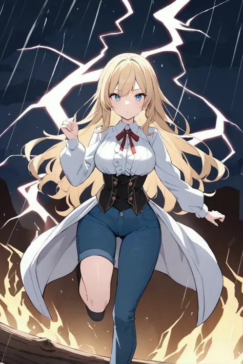 Modern anime style digital painting of 2 female teachers in a front view and action pose during an autumn day, soaked in rain with spectacular lightning in the background. She is 165 cm tall, with measurements of 91-61-81 cm, and it is long to the waist, W...