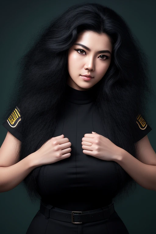 jet black hair, long hair,most very lion hair,most very wolf hair,most very frizzy hair,coarse hair,spread hairstyle,thick hair,fluffy hair,most very heavy weight hair,most very voluminous hair,shiny jet black hair,female jail officer,black uniform,a heavy...