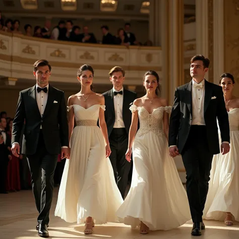 Three men and three women are walking on the opera stage, the three men are wearing black suits and the three women are wearing elegant long white dresses, close up, realistic photo