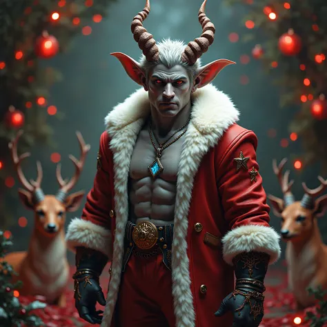 binatang lalake with demon two horns and short gray hair, wearing a chrismast coat and a crystal on his chest and an abs of eight and pointed Christmas boots and wearing a necklace with the name DYROTH written on it , And the skin color is  gray with deer ...