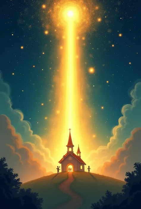 A cartoon of a starry sky with a golden light descending towards Earth. In the light, You can see silhouettes of people and a church emerging.