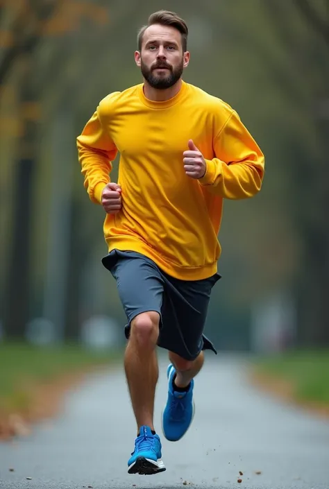 Realistic photography，Low angle full body shot，One wears a yellow sweatshirt，man running in blue sneakers。